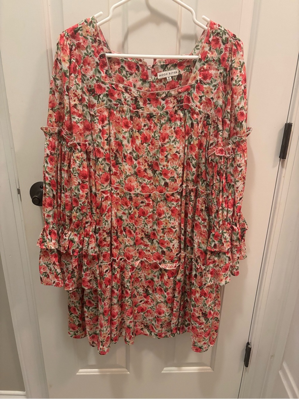 Moon River Floral Peasant Dress in Coral, Green and Cream